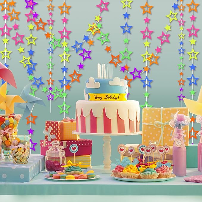 126feet UV Neon Streamers Hollowed Star Hanging Paper Glow Garland Neon Glow in The Dark Party Supplies and Decorations Blacklight Reactive Fluorescent Black Light Party Kit for Birthday Wedding