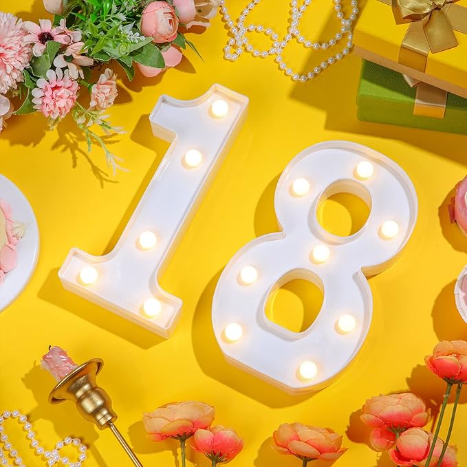 Treela 8.7'' Birthday Decorative LED Light up Numbers, Glitter Marquee Number Sign for Night Birthday Party Decorations Anniversary Bar LED Sign Backdrop Wall Table Centerpieces(18th,White)