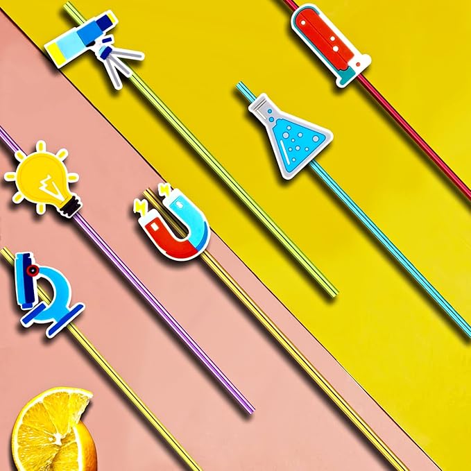 24pcs Science Theme Straws 6 Colors Reusable Plastic, Drink Cocktail Straws with Cartoon Decorations Mad Scientist Party Supplies Birthday Party Favors
