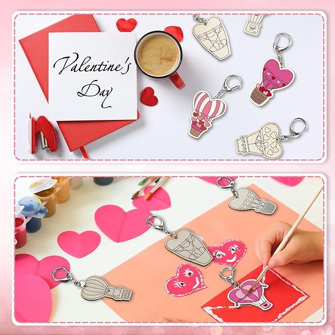 RattanView 24 Pcs Valentine's Day Heart Hot Air Balloon Craft Color Your Own Keychains DIY Craft Wooden Blank Keychains for Sunday School Classroom Home Active Party Favors Gifts, 12 Styles