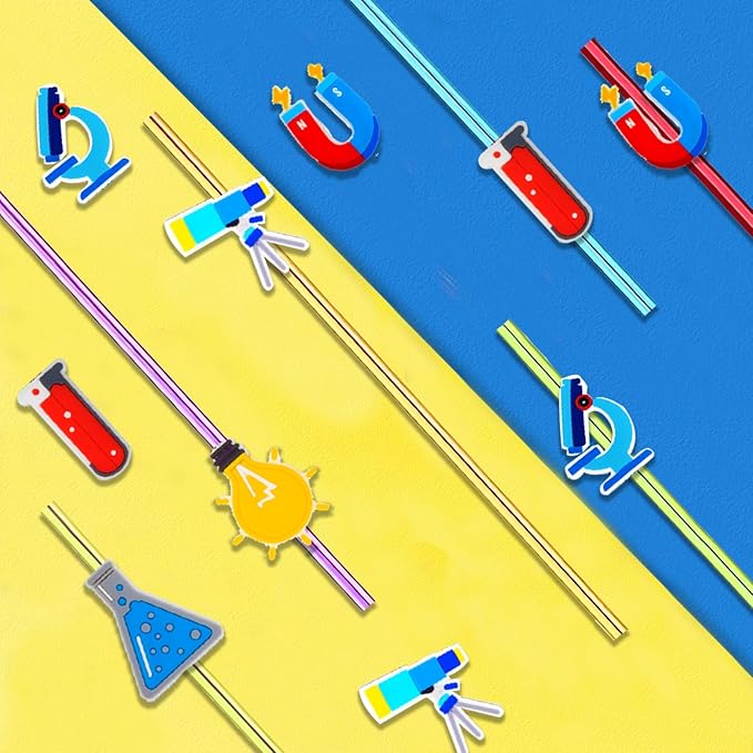 24pcs Science Theme Straws 6 Colors Reusable Plastic, Drink Cocktail Straws with Cartoon Decorations Mad Scientist Party Supplies Birthday Party Favors