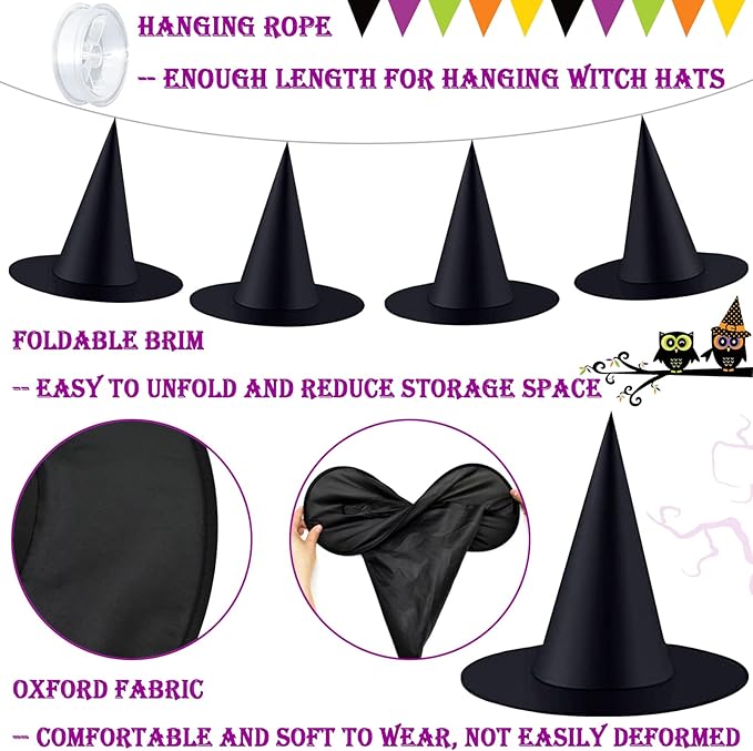 ZeeDix 24 Pcs Halloween Witch Hats Hanging Decor Indoor, Black Floating Witches Hat with 98 Ft Hanging Rope, Wizard Costume Accessories Outdoor Halloween Decorations for Home Yard Porch Ceiling