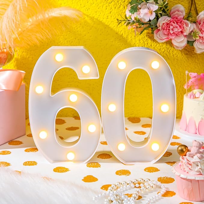 Treela 8.7'' Birthday Decorative LED Light up Numbers, Glitter Marquee Number Sign for Night Birthday Party Decorations Anniversary Bar LED Sign Backdrop Wall Table Centerpieces(60th,White)