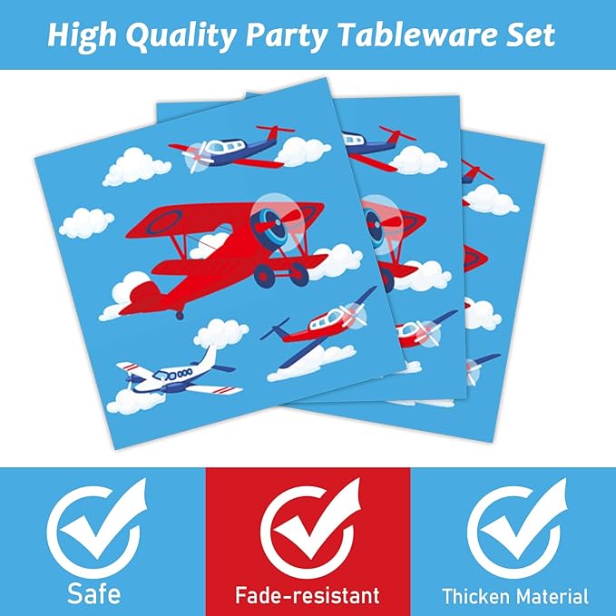 96 Pcs Airplane Party Plates Napkins Tableware Set Plane Birthday Party Supplies Disposable Paper Cake Dinnerware Blue Sky Two Fly Theme Table Decoration for Baby Shower Kids Birthday, 24 Guests