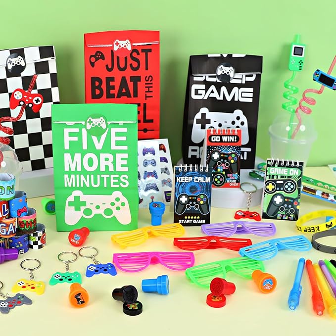FINDRICH 120 PCS Video Game Party Favors, Gamer Gaming Party Favors - Glasses Invisible Ink Pens Notebooks Drinking Straws Stamps Tattoo Stickers Gift Bags for Game On Birthday Parties Favor Supplies