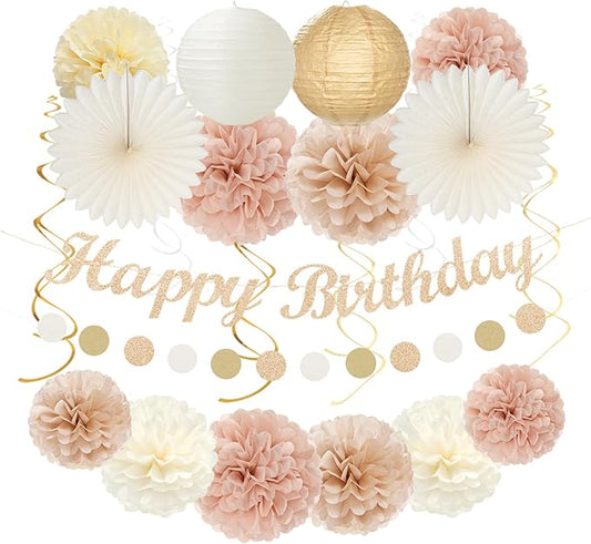 Champagne-Gold Beige 16 Happy Birthday Party-Decorations - 22pcs 21st Women Girls Paper Lanterns Streamers Banner Pom Poms,Fall Boho Aesthetic Bohemian Rose Groovy Decor Backdrop Supplies Hugmoon
