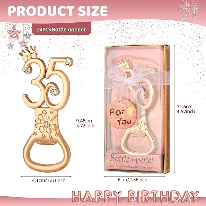 24 boxes of rose gold themed 35th birthday bottle openers, suitable for 35th anniversary wedding party gifts birthday party souvenirs or party decorations