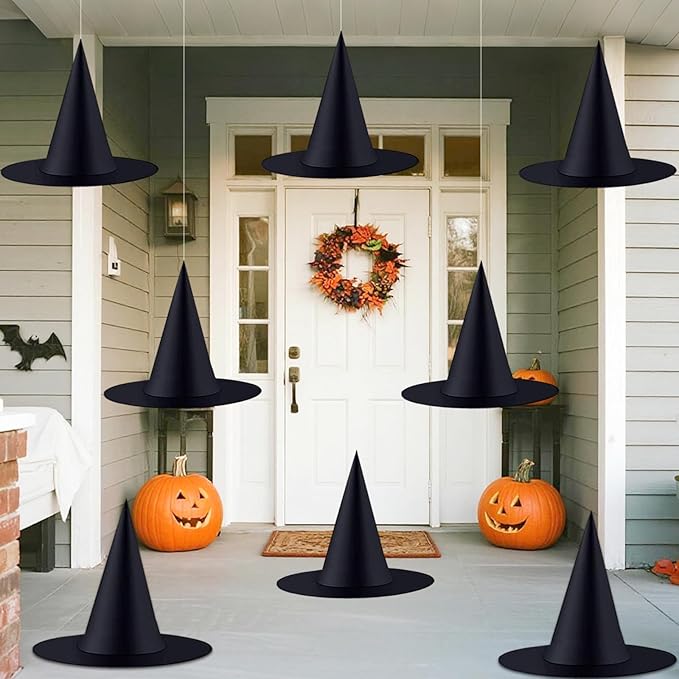 ZeeDix 8 Pcs Halloween Witch Hats Hanging Decor Indoor, Black Floating Witches Hat with 98 Ft Hanging Rope, Wizard Costume Accessories Outdoor Halloween Decorations for Home Yard Porch Ceiling