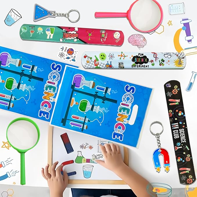 QZYCMHOO 111PCS Science Party Favors Set, Lab Birthday Decorations Including Slap Bracelets, Keychains, Gift Bags, DIY Stickers, Drinking Straws, Science Birthday Supplies