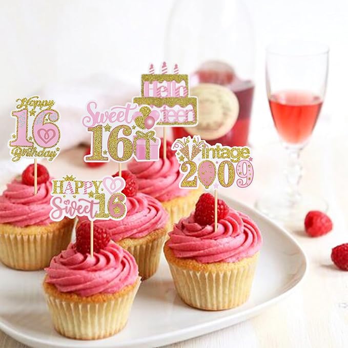 25 Pack Sweet 16th Cupcake Toppers Hello Sixteen 16 Vintage 2009 Happy 16th Birthday Cupcake Picks for Happy Sweet 16 Wedding Anniversary Party Cake Decorations Supplies (pink)