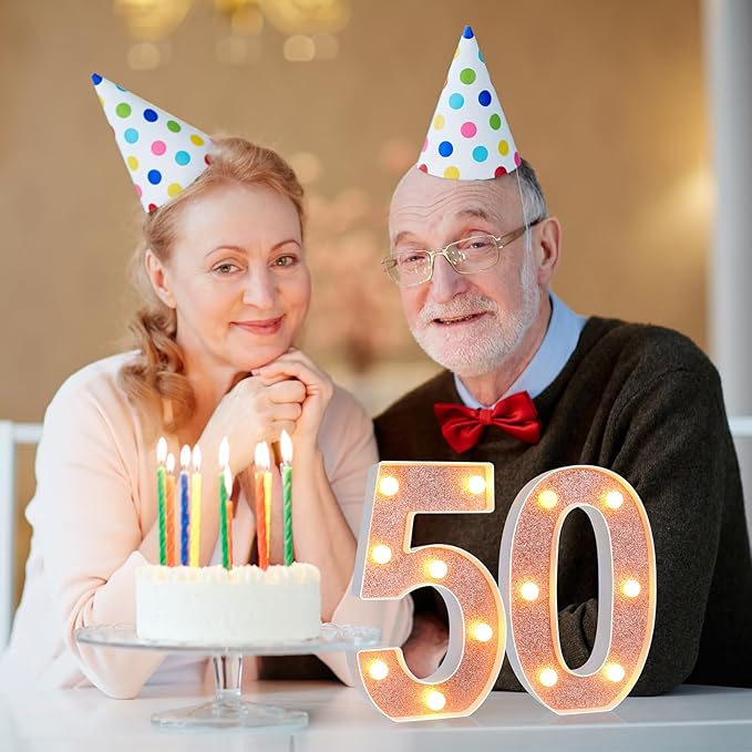 Treela 8.7'' Birthday Decorative LED Light up Numbers, Glitter Marquee Number Sign for Night Birthday Party Decorations Anniversary Bar LED Sign Backdrop Wall Table Centerpieces(50th,Rose Gold)