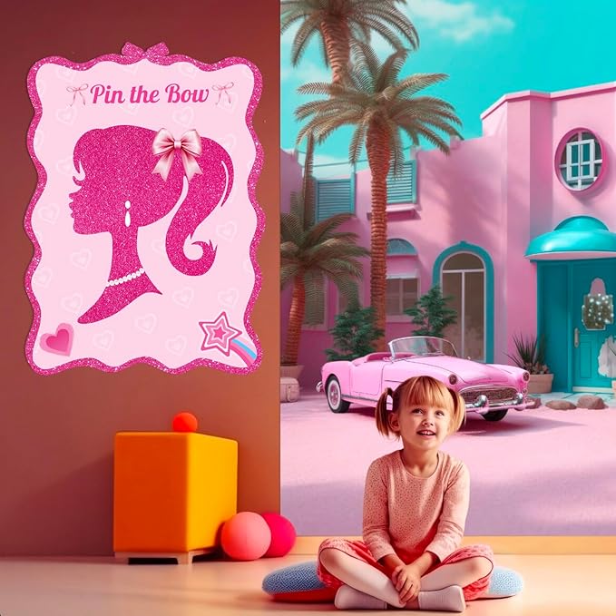 Pink Girls Birthday Party Decorations Party Games Pin The Bow Game for Kids Posters Stickers for Party Favors and Supplies