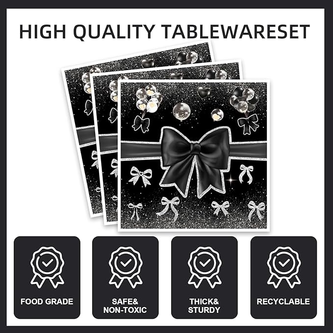 171Pcs Black Silver Bow Birthday Party Decorations for 20 Guests - Black Silver Bow Tableware Plates Napkins Forks Cups Straws Tablecloch for Baby Shower Birthday Party Decorations