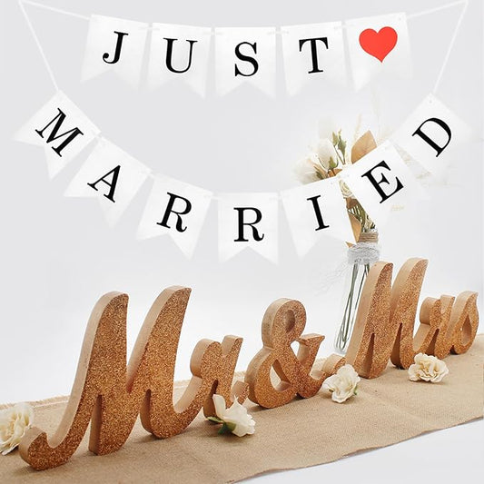 Just Married Banner for Wedding Table - Mr. & Mrs. Wedding Decoration Items, Rose Gold Wood Letter, Anniversary Party Valentine's Day Vintage Decor