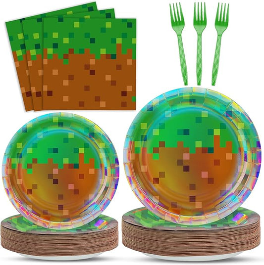 96 Pcs Iridescent Pixel Birthday Party Plates and Napkins Pixel Party Decorations Mining Theme Supplies Gamer Paper Dessert Plates Mining Video Game Tableware Set for Kids Baby Shower 24 Guests