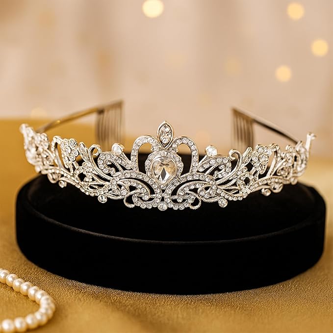 QIFU Bachelorette Party Decorations - 3pcs Bridal Shower Decorations include Bride to Be Crown Sash Veil for Women Bachelorette Hen Party Favors Accessories Wedding Decor Bridal Shower Gifts (Silver)