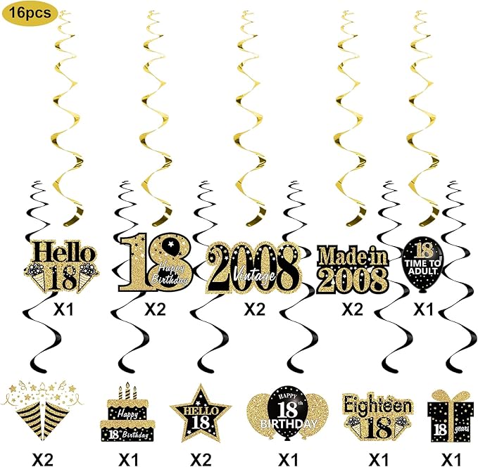 Turypaty 18th Birthday Decorations Hanging Swirls for Boys Girls, Black Gold Vintage 2008 18th Birthday Foil Swirls Party Supplies, Eighteen Year Old Birthday Ceiling Hanging Decorations