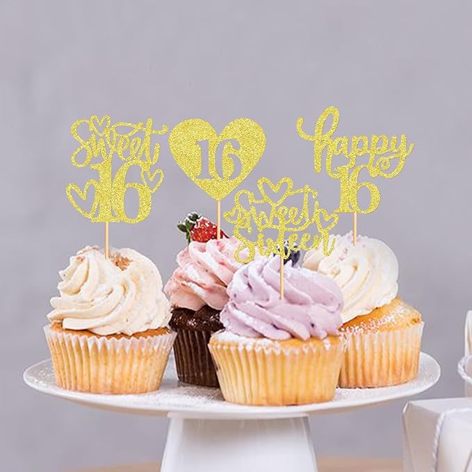Keaziu 48 Pack Happy Sweet 16 Cupcake Toppers Sweet Sixteen 16 Happy 16 Cupcake Picks for 16th Birthday Wedding Anniversary Party Cake Decorations Supplies Gold