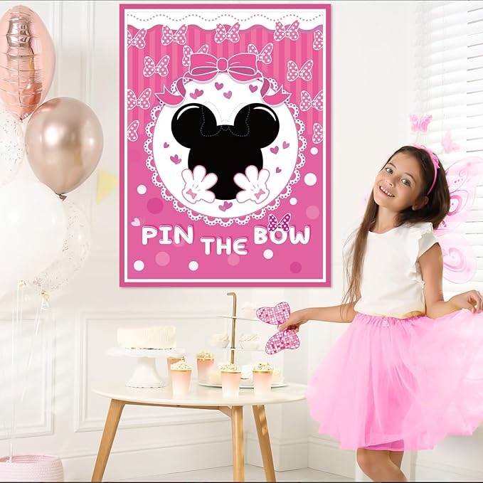 QISOLIY Pin The Bow Sticker on Mouse Party Game, Pink Girl Party Game Decorations, Pink Large Poster with 36Pcs Bow Stickers for Girls Birthday Favors