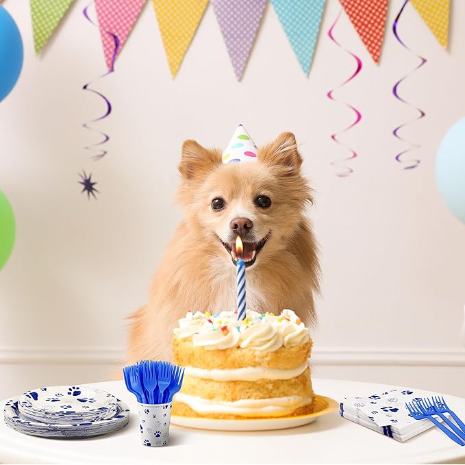 Kochorie 144 Pieces Blue Paw Print Party Tableware Sets Including Disposable Plates Napkins Cups Forks Serves 24 for Dog Puppy Theme Party Supplies