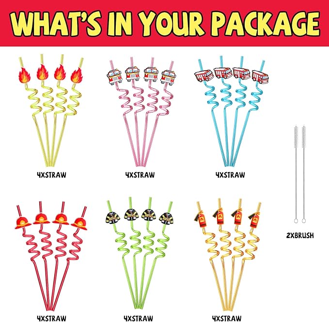 24 Fire Truck Party Favors Drinking Straws for Fire Truck Birthday Party Supplies with 2 PCS Straws Cleaning Brush