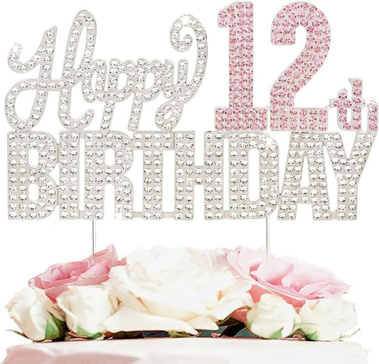 Happy 12th Birthday Silver & Pink Rhinestone Cake Topper - Cheers to 12 Years Old Twelve Bday Metal Sparkly Cake Centerpieces Topper Decorations Sign.