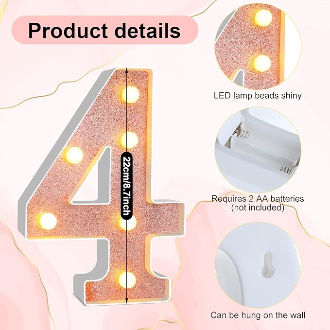 Treela 8.7'' Birthday Decorative LED Light up Numbers, Glitter Marquee Number Sign for Night Birthday Party Decorations Anniversary Bar LED Sign Backdrop Wall Table Centerpieces(40th,Rose Gold)