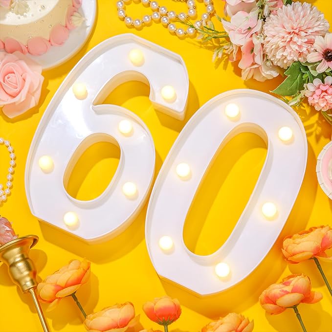 Treela 8.7'' Birthday Decorative LED Light up Numbers, Glitter Marquee Number Sign for Night Birthday Party Decorations Anniversary Bar LED Sign Backdrop Wall Table Centerpieces(60th,White)