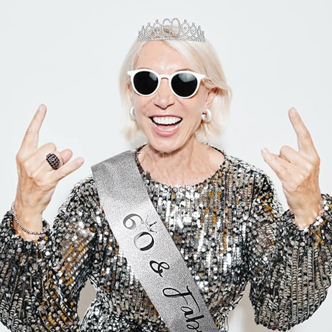 "60 & Fabulous" Birthday Tiara and Sash Kit- 60th Birthday Gifts for Women 60th Birthday Party Decorations (silver)
