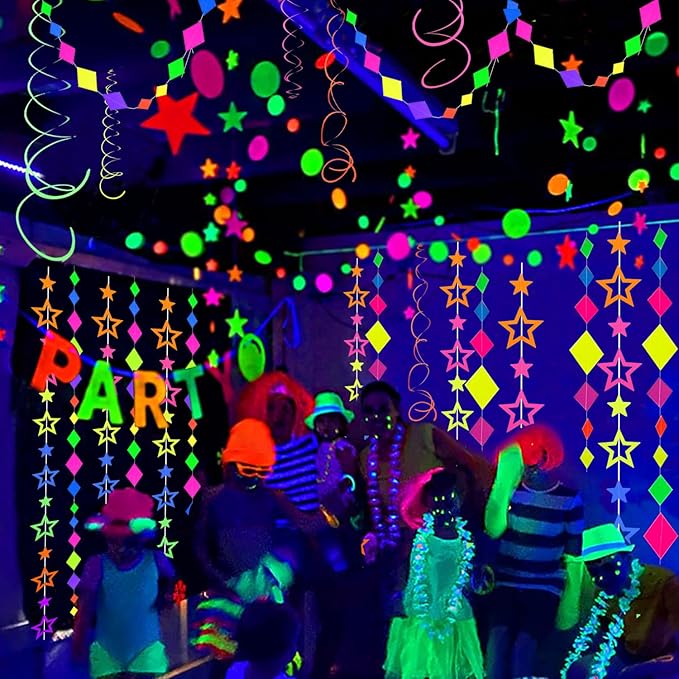 126feet UV Neon Streamers Hollowed Star Hanging Paper Glow Garland Neon Glow in The Dark Party Supplies and Decorations Blacklight Reactive Fluorescent Black Light Party Kit for Birthday Wedding