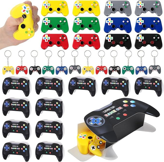 Soulchen 76 Pcs/24 Set Video Game Party Favors, Controller Shaped Stress Toys, Gamer Fidget Keychains with Gift Boxes, Ideal for Birthday Party Sensory Fidget Toys