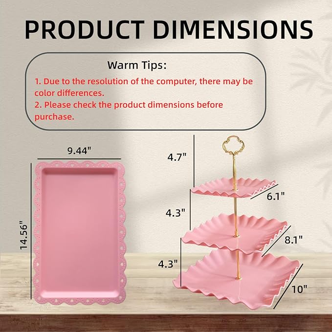5 Pcs Cupcake Stand Set - Pink Plastic Dessert Table Display Set, 2x Pink Square 3 Tier Cupcake Display Stands Cookie Tray Rack Serving Tower & 3x 14 in Plastic Trays for Wedding Baby Shower Tea Party