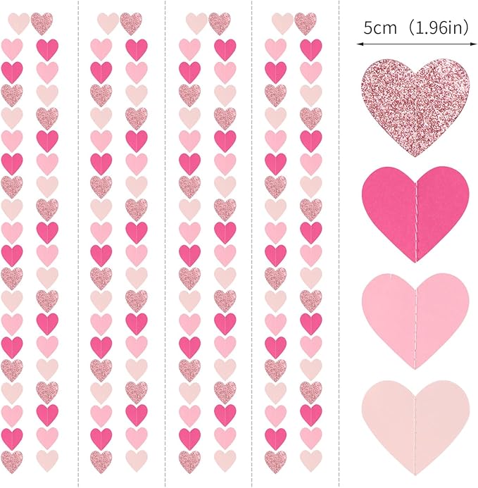 Hot-Pink Rose-Gold Party Decorations Heart-Garland - 52ft Wedding Bridal Shower Hanging Decoration Streamers Banner,Baby Girl Birthday Bachelorette Engagement Mohters Valentines Day Decor Panduola