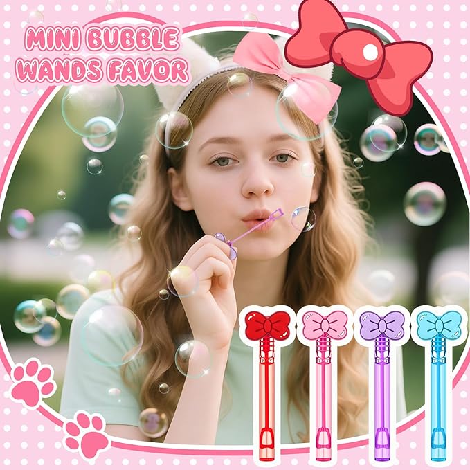 RoundFunny 24 Pcs Bow Mini Bubble Wands Kitty Themed Party Kawaii Bubbles Sticks Wands for Cute Cartoon Bow Kitten Cat Theme Birthday Party Decoration Supplies Goodie Gift Bag Outdoor Activity