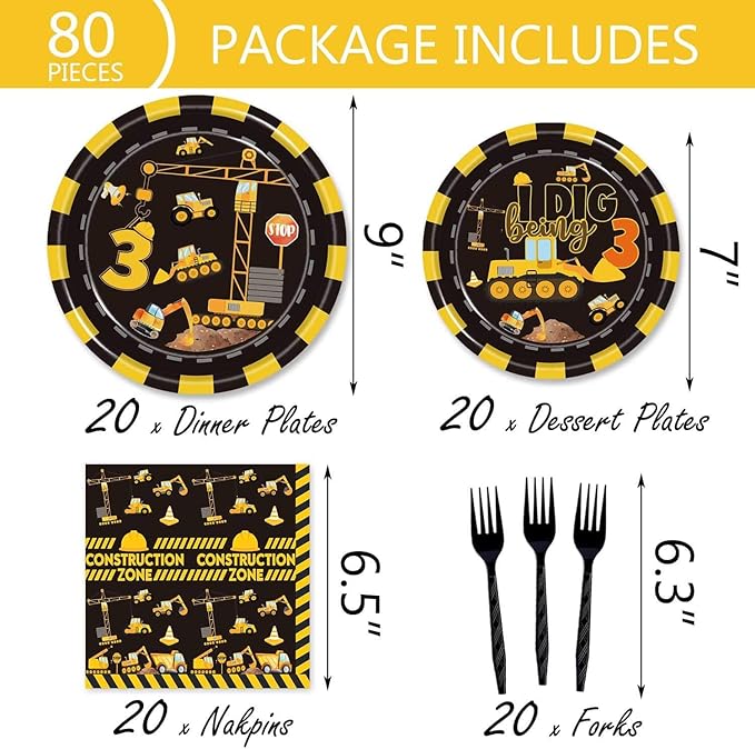 80 Pcs Construction 3rd Birthday Party Supplies Dump Truck Theme Three Decorations Tableware Includes Plates, Napkins, Forks for Boys Construction Three Years Old Birthday Party Decorations Favors