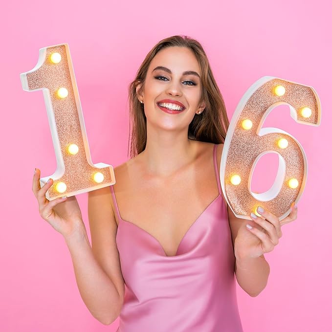 Treela 8.7'' Birthday Decorative LED Light up Numbers, Glitter Marquee Number Sign for Night Birthday Party Decorations Anniversary Bar LED Sign Backdrop Wall Table Centerpieces(16th,Rose Gold)