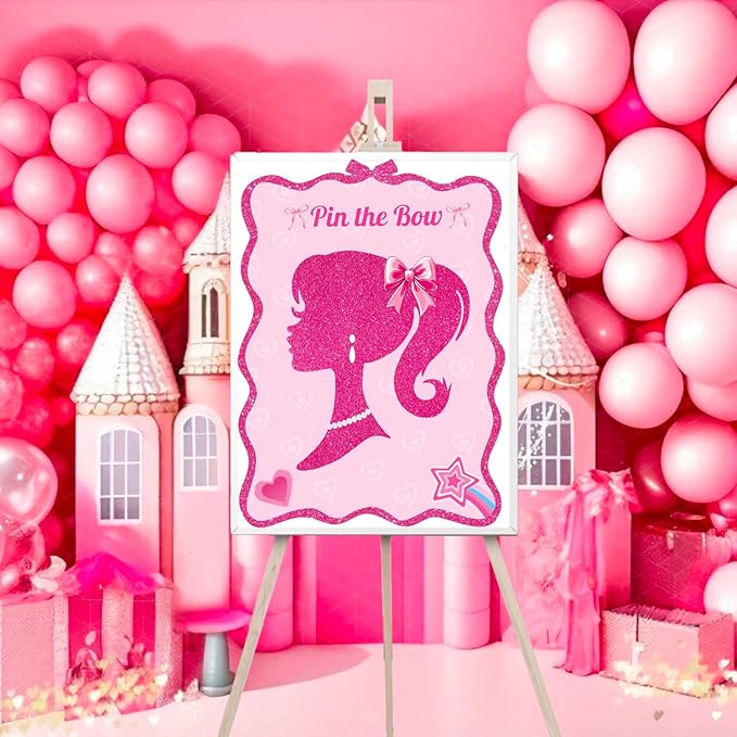 Pink Girls Birthday Party Decorations Party Games Pin The Bow Game for Kids Posters Stickers for Party Favors and Supplies