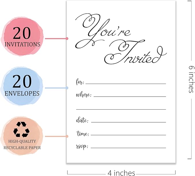 4x6 Elegant ‘You’re Invited’ Blank Invitations (20 Cards + 20 Envelopes) - Versatile Party Invites for Any Occasion.(030)