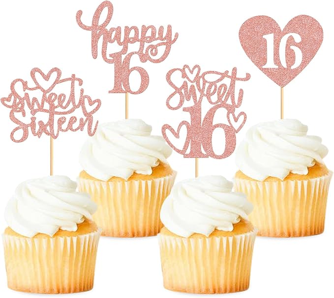 Keaziu 48 Pack Happy Sweet 16 Cupcake Toppers Sweet Sixteen 16 Happy 16 Cupcake Picks for 16th Birthday Wedding Anniversary Party Cake Decorations Supplies Rose Gold