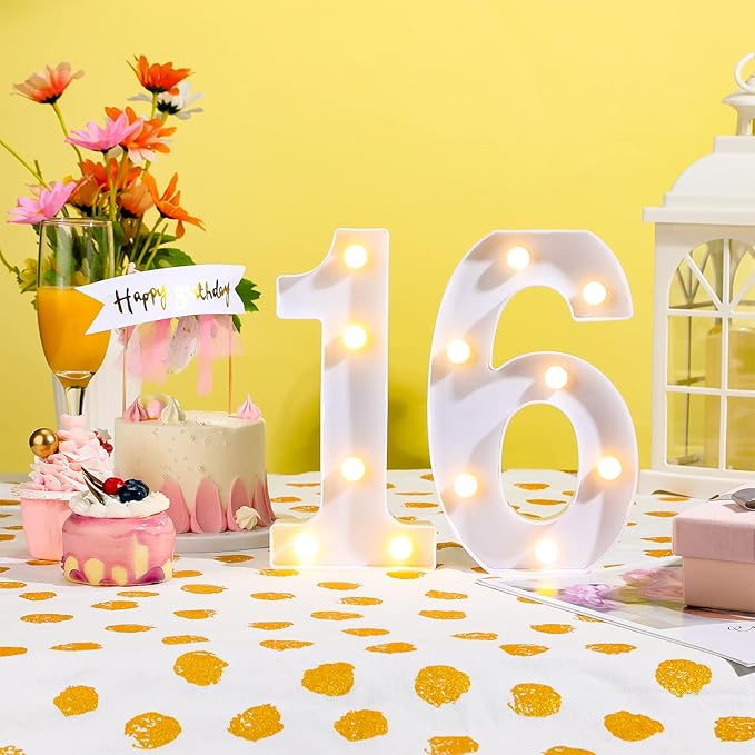Treela 8.7'' Birthday Decorative LED Light up Numbers, Glitter Marquee Number Sign for Night Birthday Party Decorations Anniversary Bar LED Sign Backdrop Wall Table Centerpieces(16th,White)