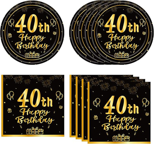 40PCS 40th Birthday Party Supplies Vintage 1985 40th Party Tableware Set Plates Napkins for Men Woman Black and Gold 40 Birthday Party Decorations