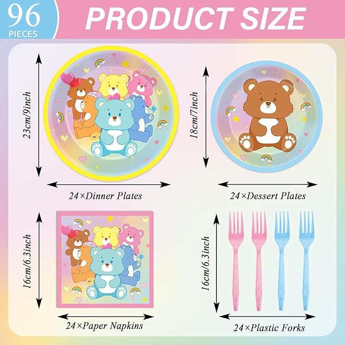 96Pcs Cute Bear Birthday Party Plates and Napkins Bear Rainbow Party Decorations Pastel Bears Theme Supplies Cute Bears Theme Paper Dessert Plates Tableware Set for Kids Boy Girl Baby Shower 24 Guests