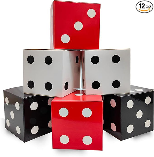 12 Pcs Dice Favor Boxes 6 x 6 x 6 Inch dice Boxes Bulk for centerpieces Casino Party Decorations Game Night Decorations Casino Themed Party Goodie Boxes Gift Box (Black, White, Red)
