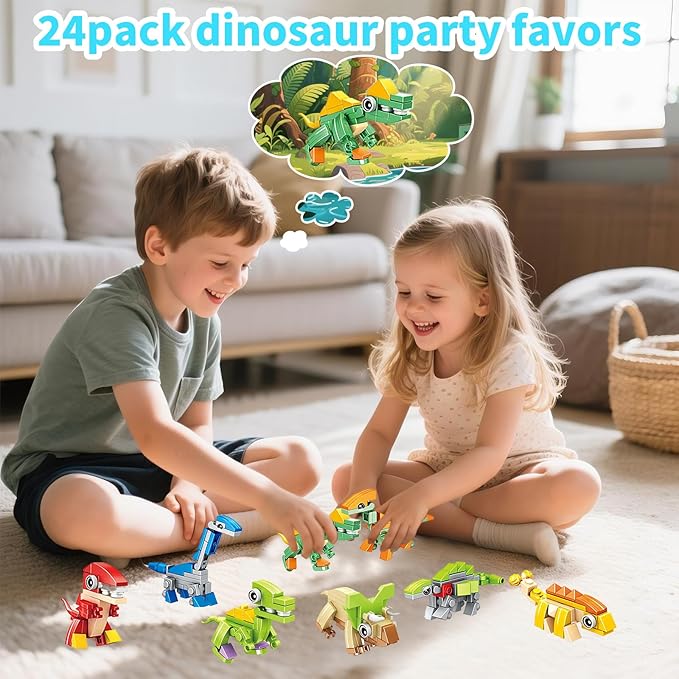 Dinosaur Party Favors for Kids, 24 Packs Mini Dinosaur Building Blocks Toy Animals Building Sets, Dino Carnival Goodie Bags Fillers, Classroom Prizes Christmas Birthday Gifts for Student,Kid Age 6-12