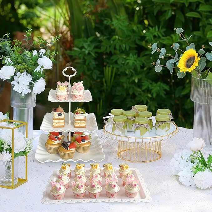 5 Pcs Cupcake Stand Set - Plastic Dessert Table Display Set, 2 White Square 3 Tier Cupcake Display Stands Cookie Tray Rack Serving Tower & 3X 14 in Plastic Trays for Wedding Baby Shower Tea Party