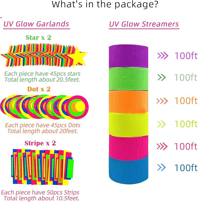 702feet Paper UV Neon Garland Neon Streamers Glow in The Dark Neon Party Supplies and Decorations Glow in The Dark Streamers Blacklight Reactive Fluorescent Black Light Party Kit for Birthday Wedding