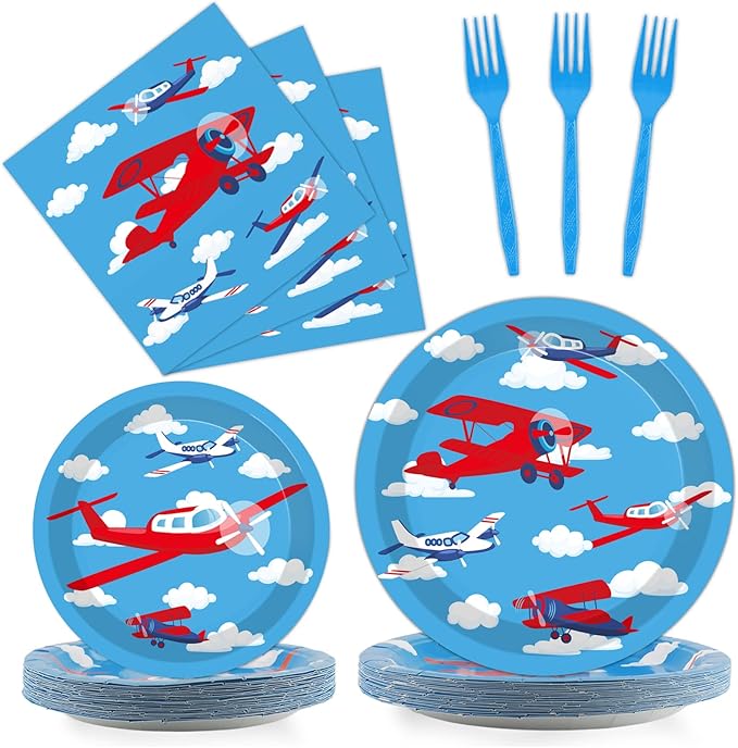 96 Pcs Airplane Party Plates Napkins Tableware Set Plane Birthday Party Supplies Disposable Paper Cake Dinnerware Blue Sky Two Fly Theme Table Decoration for Baby Shower Kids Birthday, 24 Guests