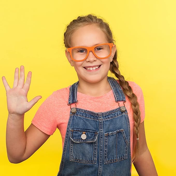 SUNOVELTIES 12 Pack Kids Orange Pretend Play Glasses Bulk, Boys Girls Birthday Party Favors No Lens Frame Fake Glasses
