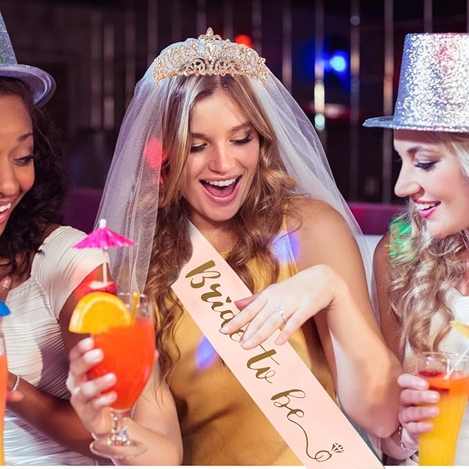 Bachelorette Party Decorations - 3pcs Bridal Shower Decorations include Bride to Be Crown Sash Veil for Women Bachelorette Hen Party Favors Accessories Wedding Decor Bridal Shower Gifts (Rose Gold)