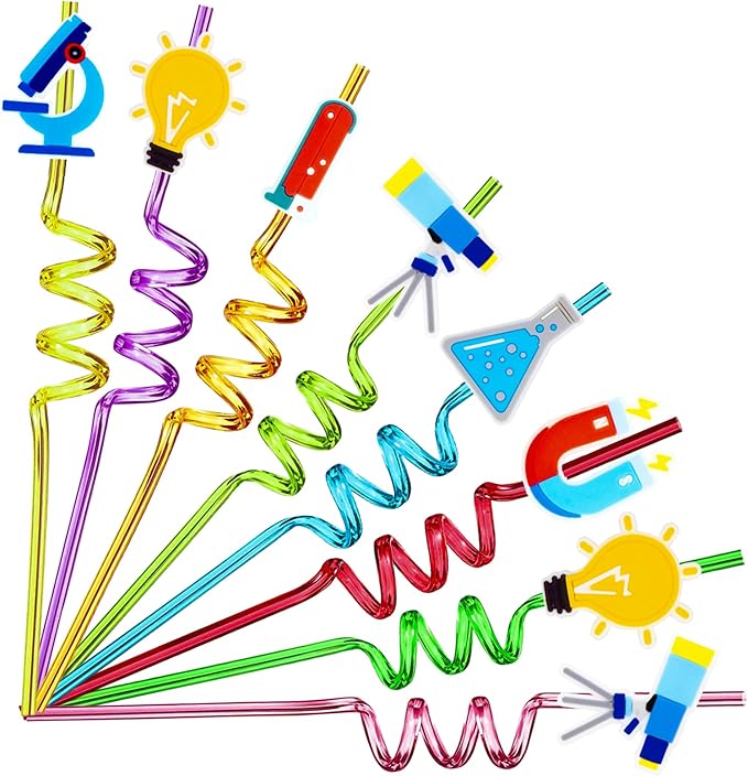 24pcs Science Theme Shaped Straws Reusable Plastic, Drink Cocktail Straws with Cartoon Decorations Mad Scientist Party Supplies Birthday Party Favors